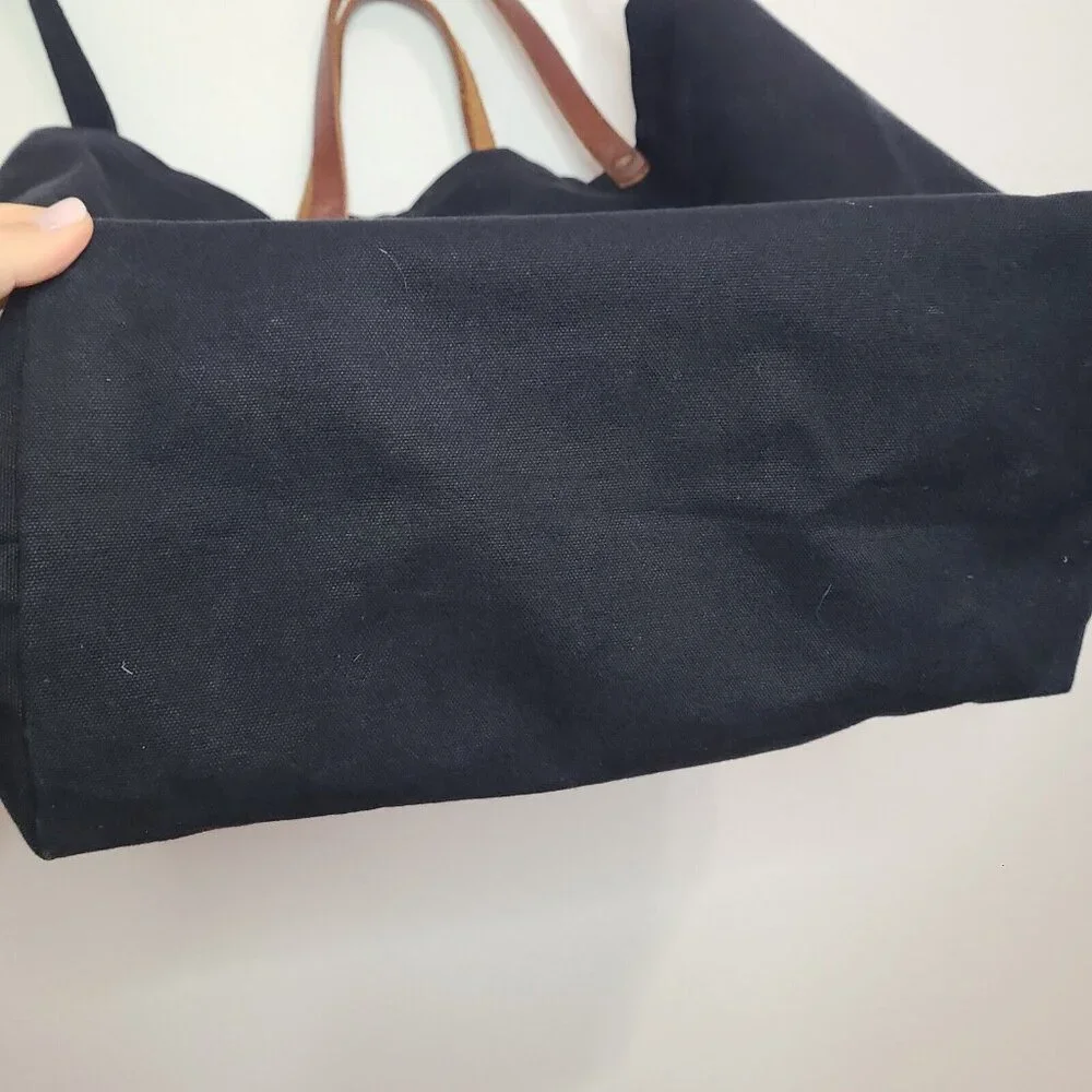 Black Canvas Tote Bag with Brown Leather Handles - Picture 6 of 8